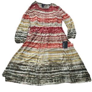 En Focus NWT Midi Dress Long Sleeve Semi-Sheer A-Line Earthy Multicolor 14 XL